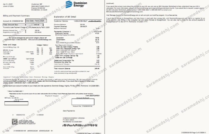 USA Dominion Energy utility bill template in Word and PDF formats, 3 pages, 1-2 pages